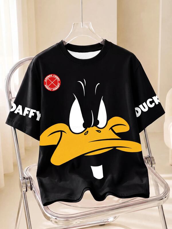 LOONEY TUNES X SHEIN Men's Cute Cartoon Pattern Letter Print Crew Neck Short Sleeve T-Shirt