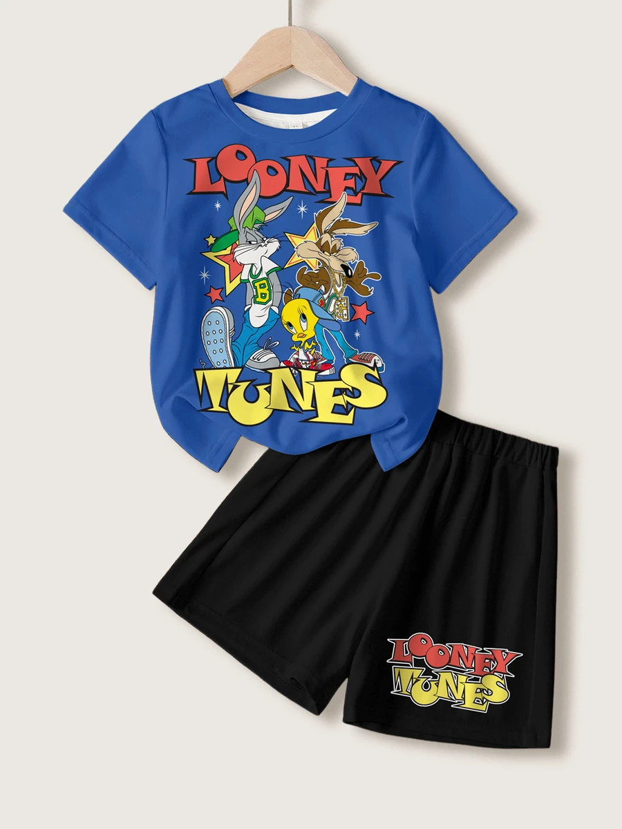 LOONEY TUNES X SHEIN Young Boy Crew Neck Short Sleeve T-Shirt And Shorts Casual Set - White - View 1