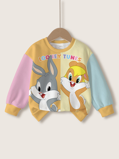 LOONEY TUNES X SHEIN Sweatshirt lengan panjang berkerah bulat bergambar kartun lucu untuk anak perempuan.