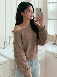 DAZY 女款純色不對稱肩休閒百搭日常長袖T恤 秋季 - 灰色 - 查看 6
