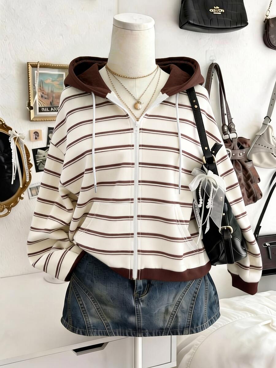 Lalippa 女款外套上衣,多色條紋,棕色、卡其色,秋冬新款,圖案,女款夾克上衣,時尚,街頭風,學生,字母印花 - 彩色 - 查看 1