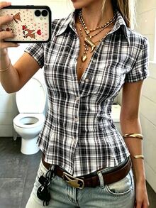 IslaSuriya 女款格紋短袖單排扣休閒襯衫 - 彩色 - 查看 5