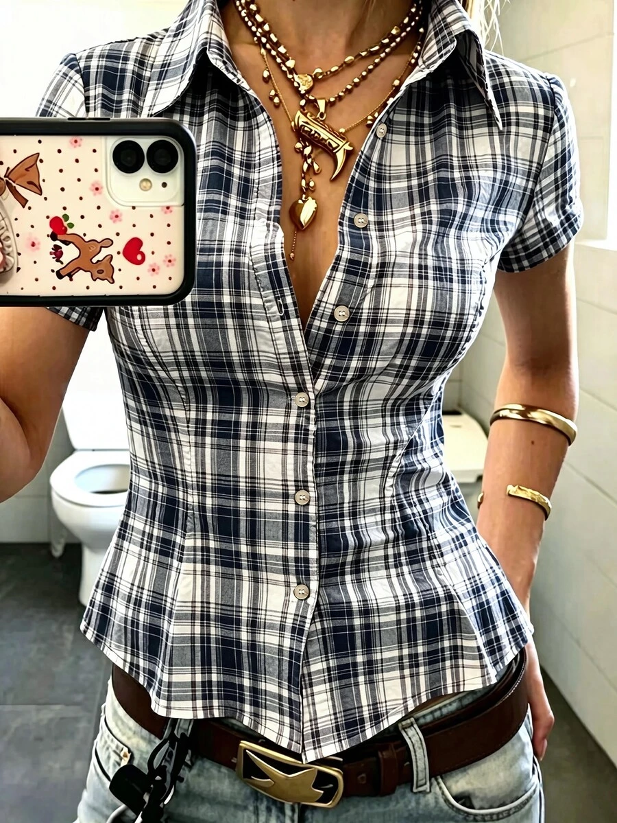 IslaSuriya 女款格紋短袖單排扣休閒襯衫 - 彩色 - 查看 1