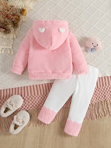 SHEIN 2件組幼兒女童連帽褲套裝 可愛粉色白色雲朵刺繡 羊羔絨長袖連帽加厚款 生日派對 秋冬聖誕假期毛絨款 - 彩色 - 查看 3