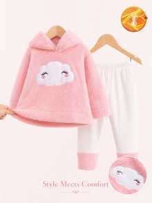 SHEIN 2件組幼兒女童連帽褲套裝 可愛粉色白色雲朵刺繡 羊羔絨長袖連帽加厚款 生日派對 秋冬聖誕假期毛絨款 - 彩色 - 查看 2