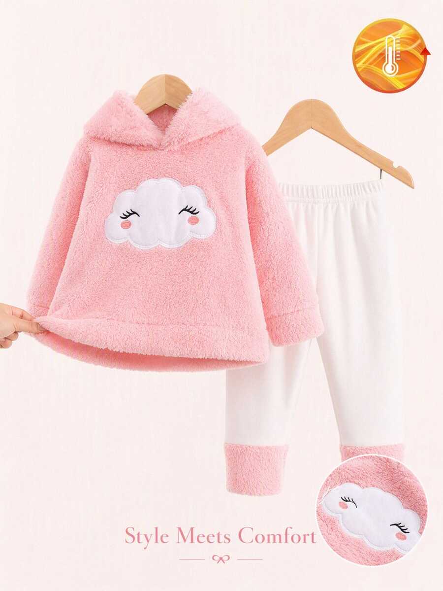 SHEIN 2件組幼兒女童連帽褲套裝 可愛粉色白色雲朵刺繡 羊羔絨長袖連帽加厚款 生日派對 秋冬聖誕假期毛絨款