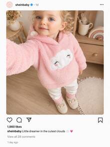SHEIN 2件組幼兒女童連帽褲套裝 可愛粉色白色雲朵刺繡 羊羔絨長袖連帽加厚款 生日派對 秋冬聖誕假期毛絨款 - 彩色 - 查看 5