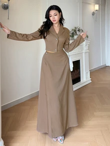 Modelyn Women's Solid Color Lapel Neck Long Sleeve Single-Breasted Shirt And Skirt Elegant Casual Two Pieces Set Office Brunch Taupe Fall - Khaki - View 3