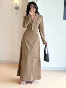 Modelyn Women's Solid Color Lapel Neck Long Sleeve Single-Breasted Shirt And Skirt Elegant Casual Two Pieces Set Office Brunch Taupe Fall - Khaki - View 6