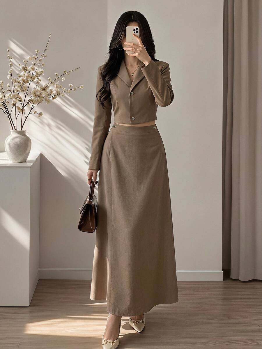 Modelyn Women's Solid Color Lapel Neck Long Sleeve Single-Breasted Shirt And Skirt Elegant Casual Two Pieces Set Office Brunch Taupe Fall - Khaki - View 1