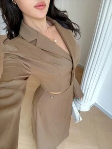 Modelyn Women's Solid Color Lapel Neck Long Sleeve Single-Breasted Shirt And Skirt Elegant Casual Two Pieces Set Office Brunch Taupe Fall - Khaki - View 8