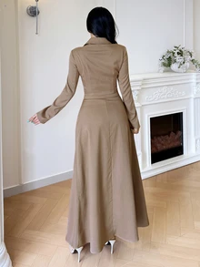 Modelyn Women's Solid Color Lapel Neck Long Sleeve Single-Breasted Shirt And Skirt Elegant Casual Two Pieces Set Office Brunch Taupe Fall - Khaki - View 2