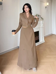 Modelyn Women's Solid Color Lapel Neck Long Sleeve Single-Breasted Shirt And Skirt Elegant Casual Two Pieces Set Office Brunch Taupe Fall - Khaki - View 5