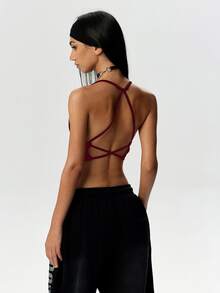 Dewbera Dewbera Letter Print Backless Fashion Camisole & Tank Top, Summer Sportswear - Burgundy - View 4