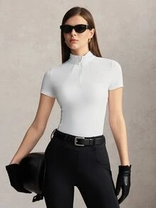 Activina 女款純色立領短袖上衣 貼身舒適馬術襯衫 白色網布運動上衣 透氣柔軟 - 白色 - 查看 4