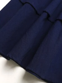 SHEIN 少女休閒舒適襯衫領對比色小馬標誌層疊荷葉邊純藍色洋裝 - 藍色 - 查看 5