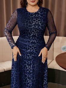 Modelyn Plus Size Sexy & Elegant Modern Leopard Print Mesh Ruffle Waist Long Sleeve Dress, Suitable For Dates, Vacations And Daily Commute Spring/Fall - Multicolor - View 5