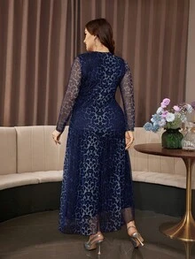 Modelyn Plus Size Sexy & Elegant Modern Leopard Print Mesh Ruffle Waist Long Sleeve Dress, Suitable For Dates, Vacations And Daily Commute Spring/Fall - Multicolor - View 2