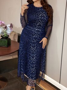 Modelyn Plus Size Sexy & Elegant Modern Leopard Print Mesh Ruffle Waist Long Sleeve Dress, Suitable For Dates, Vacations And Daily Commute Spring/Fall - Multicolor - View 7