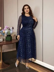Modelyn Plus Size Sexy & Elegant Modern Leopard Print Mesh Ruffle Waist Long Sleeve Dress, Suitable For Dates, Vacations And Daily Commute Spring/Fall - Multicolor - View 4