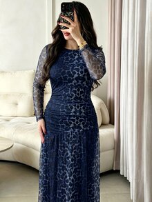 Modelyn Plus Size Sexy & Elegant Modern Leopard Print Mesh Ruffle Waist Long Sleeve Dress, Suitable For Dates, Vacations And Daily Commute Spring/Fall - Multicolor - View 1