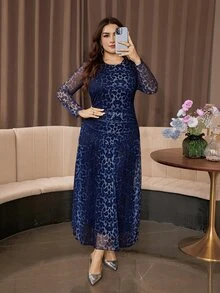 Modelyn Plus Size Sexy & Elegant Modern Leopard Print Mesh Ruffle Waist Long Sleeve Dress, Suitable For Dates, Vacations And Daily Commute Spring/Fall - Multicolor - View 6