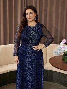 Modelyn Plus Size Sexy & Elegant Modern Leopard Print Mesh Ruffle Waist Long Sleeve Dress, Suitable For Dates, Vacations And Daily Commute Spring/Fall - Multicolor - View 8