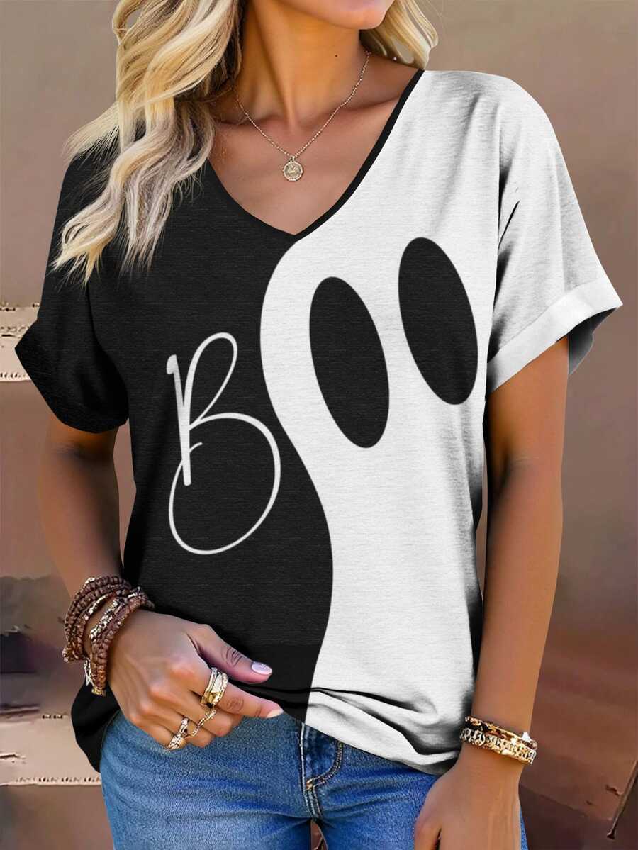EMERY ROSE Plus Size Women's Halloween Ghost Face BOO Graphic Black White Colorblock V-Neck Tee,Retro Fun Fall Spooky Season Casual Top With Rolled Up Cuffs - Multicolor - View 1