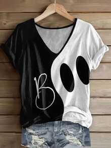 EMERY ROSE Plus Size Women's Halloween Ghost Face BOO Graphic Black White Colorblock V-Neck Tee,Retro Fun Fall Spooky Season Casual Top With Rolled Up Cuffs - Multicolor - View 3