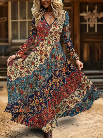 Breezaya Vestido largo casual holgado de manga larga con cuello en V y estampado floral geométrico vintage bohemio para mujer talla grande, atuendos de moda de otoño para mujer