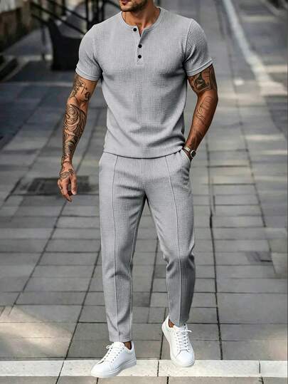 Manfinity Homme Spring/Summer New Casual Outdoor Men's Sports Outfit Set, Soft And Comfortable Fabric, Machine Washable, Suitable For Fitness, Outdoor Sports And Daily Casual Wear, Can Be Given As A Men's Birthday Gift