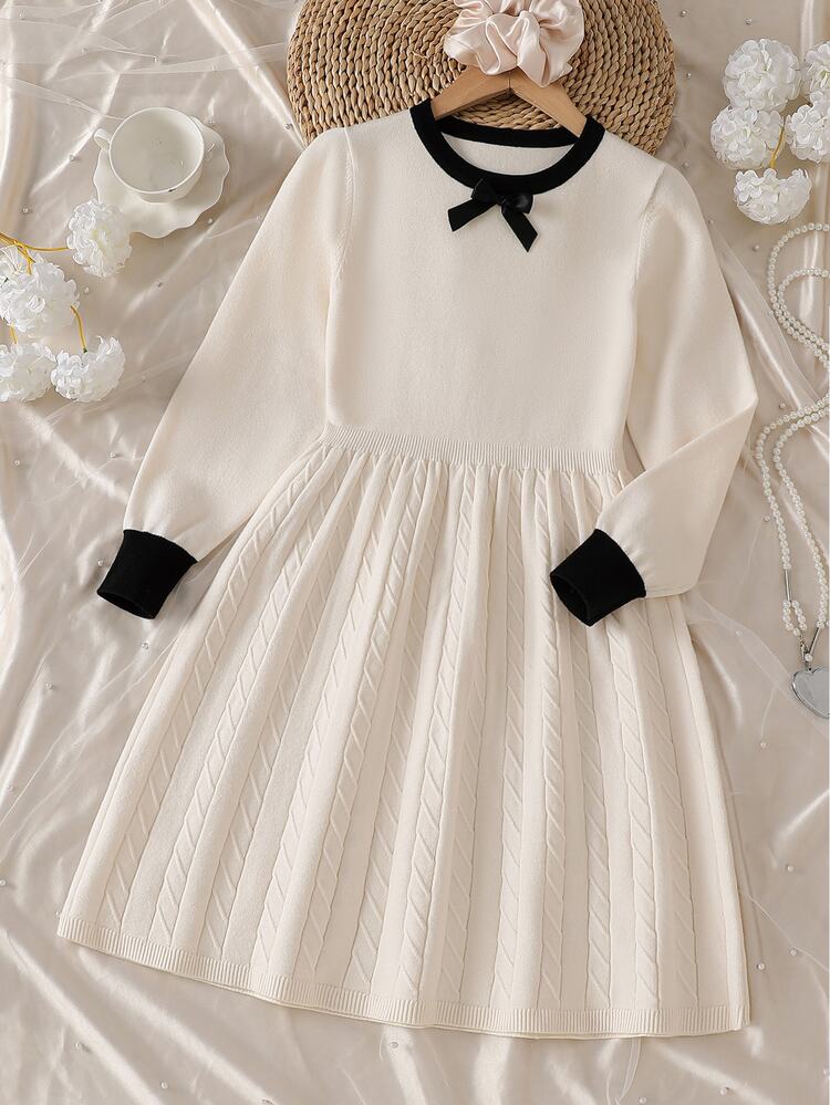 Tween Girl Apricot Bow Decor Knitted Dress - Apricot - View 4