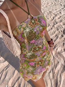 Glamine 女款橘色亮片性感度假派對無袖迷你掛脖式不對稱下擺洋裝 - 綠色 - 查看 7