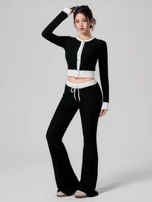DAZY Contrast Trim Top & Drawstring Waist Pants Sports Set Fall - Black - View 3