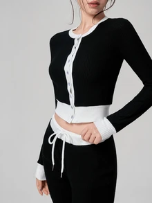 DAZY Contrast Trim Top & Drawstring Waist Pants Sports Set Fall - Black - View 6