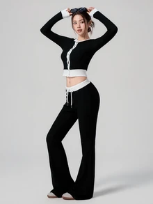 DAZY Contrast Trim Top & Drawstring Waist Pants Sports Set Fall - Black - View 1