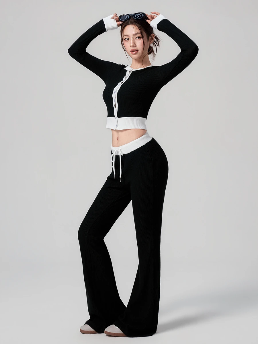 DAZY Contrast Trim Top & Drawstring Waist Pants Sports Set Fall - Black - View 1