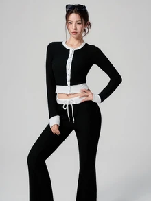 DAZY Contrast Trim Top & Drawstring Waist Pants Sports Set Fall - Black - View 5