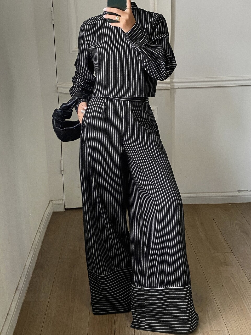 Pinstriped Print Mock Neck Denim Top & Wide Leg Jeans Set
