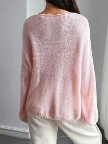 DAZY Women's Autumn Asymmetrical Shoulder Long Sleeve Pink Knit Sweater, Loose Casual Slouchy, Sweet Elegant For Date, Wedding, Commute And Daily Wear - Pink - View 3