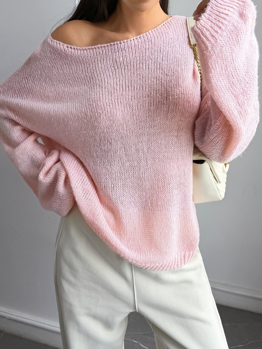 DAZY Women's Autumn Asymmetrical Shoulder Long Sleeve Pink Knit Sweater, Loose Casual Slouchy, Sweet Elegant For Date, Wedding, Commute And Daily Wear - Pink - View 1
