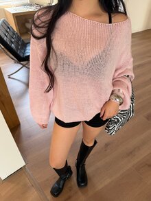 DAZY Women's Autumn Asymmetrical Shoulder Long Sleeve Pink Knit Sweater, Loose Casual Slouchy, Sweet Elegant For Date, Wedding, Commute And Daily Wear - Pink - View 7