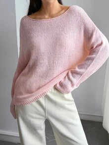 DAZY Women's Autumn Asymmetrical Shoulder Long Sleeve Pink Knit Sweater, Loose Casual Slouchy, Sweet Elegant For Date, Wedding, Commute And Daily Wear - Pink - View 5