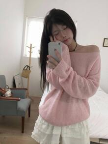 DAZY Women's Autumn Asymmetrical Shoulder Long Sleeve Pink Knit Sweater, Loose Casual Slouchy, Sweet Elegant For Date, Wedding, Commute And Daily Wear - Pink - View 2