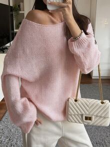 DAZY Women's Autumn Asymmetrical Shoulder Long Sleeve Pink Knit Sweater, Loose Casual Slouchy, Sweet Elegant For Date, Wedding, Commute And Daily Wear - Pink - View 12