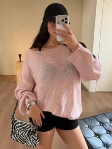 DAZY Women's Autumn Asymmetrical Shoulder Long Sleeve Pink Knit Sweater, Loose Casual Slouchy, Sweet Elegant For Date, Wedding, Commute And Daily Wear - Pink - View 10