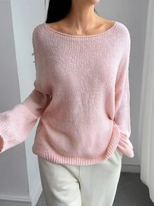 DAZY Women's Autumn Asymmetrical Shoulder Long Sleeve Pink Knit Sweater, Loose Casual Slouchy, Sweet Elegant For Date, Wedding, Commute And Daily Wear - Pink - View 4