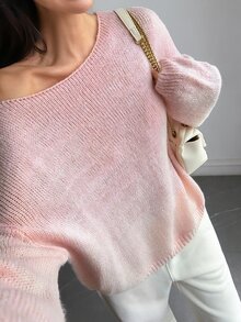 DAZY Women's Autumn Asymmetrical Shoulder Long Sleeve Pink Knit Sweater, Loose Casual Slouchy, Sweet Elegant For Date, Wedding, Commute And Daily Wear - Pink - View 6
