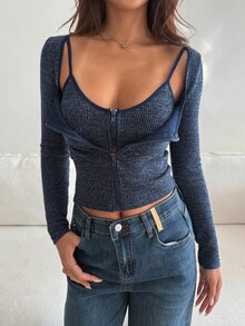DAZY Top corto con cremallera & Chaqueta de frente abierto - Azul - Ver 5