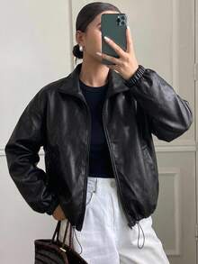 DAZY 女款寬鬆休閒街頭戶外夜生活外出機車夾克，黑色PU皮革翻領上衣，秋季 - 黑色 - 查看 4